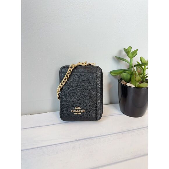 NWT COACH Zip ID Card Case With Gold Chain BLACK Leather Mini Coin Wallet 6303 - Picture 1 of 5